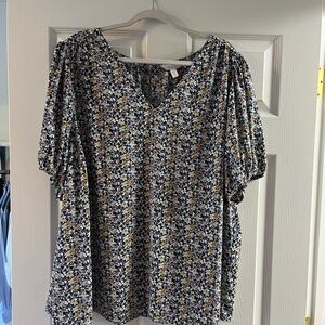 LC Lauren Conrad Navy Floral V-Neck Blouse with Mustard Accents
